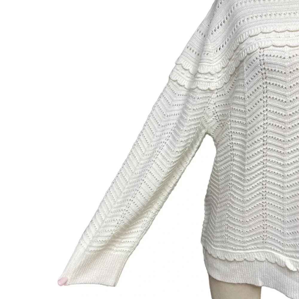 J. Crew Crewneck Scalloped Pointelle Sweater Ivory Size XL‎